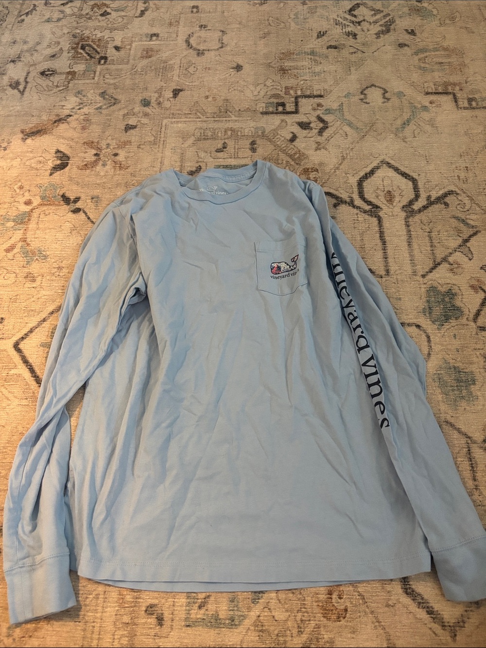 Vineyard Vines Pale Blue Long-Sleeve Pocket Tee with Sleeve Script